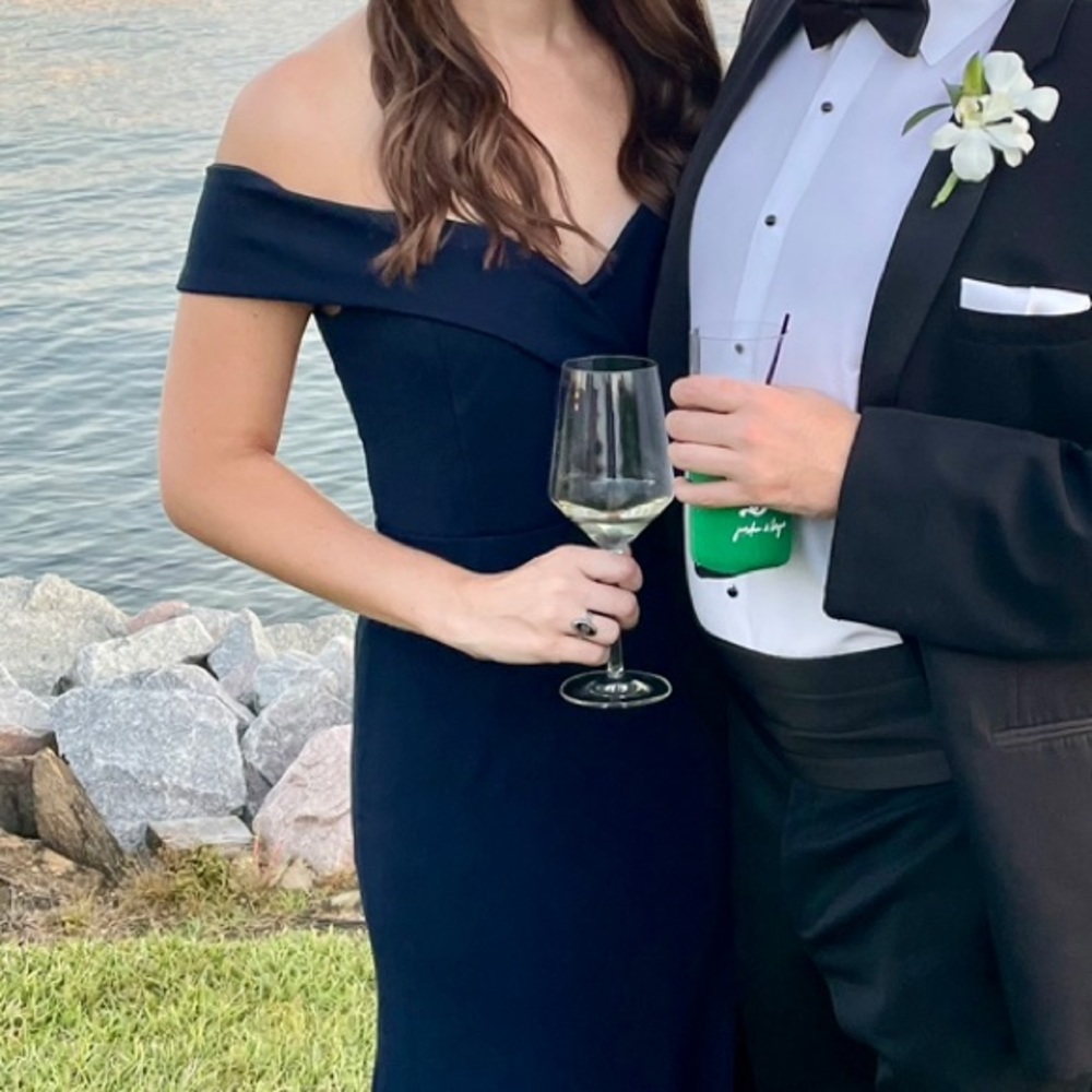 Lulu’s “Song of Love” Navy Off-the-Shoulder Dress